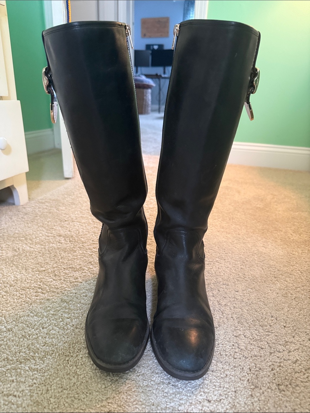 Coach Black Leather Knee-High Heeled Riding Boots